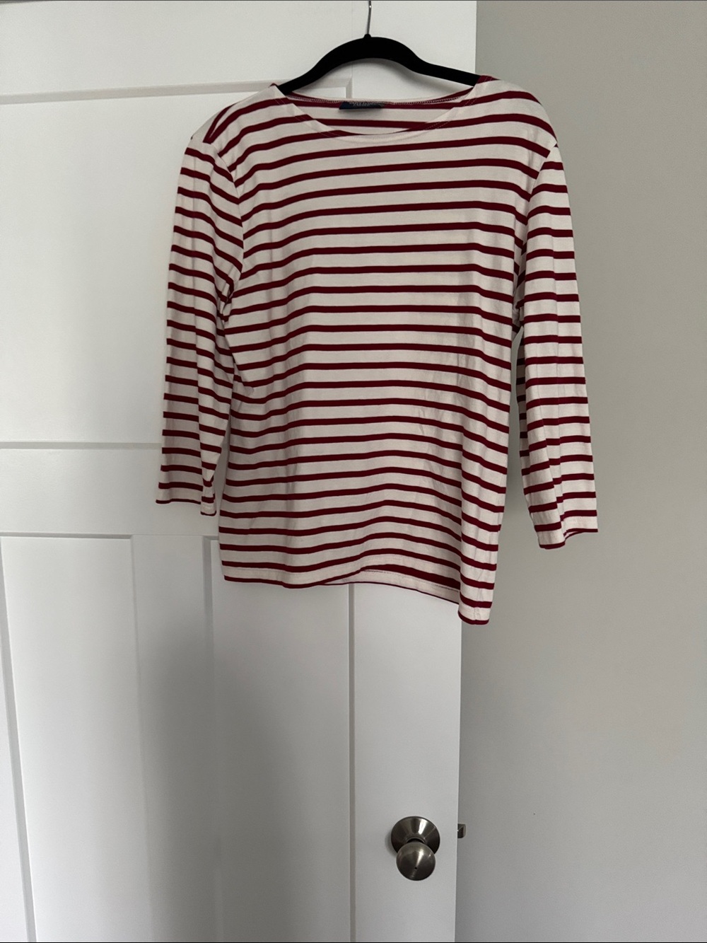 Saint James Red and White Striped 3/4 Sleeve Boatneck Top